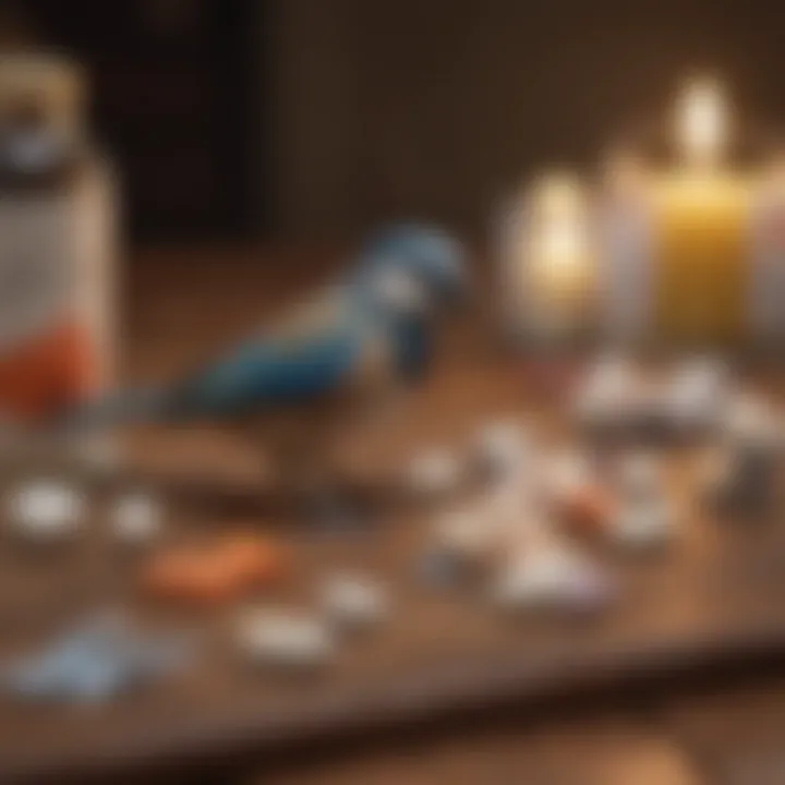 Various types of pain medication for birds displayed on a tabletop.