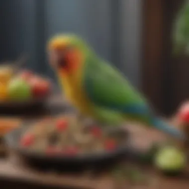 A nutritious bowl filled with seeds, fruits, and vegetables for parakeets