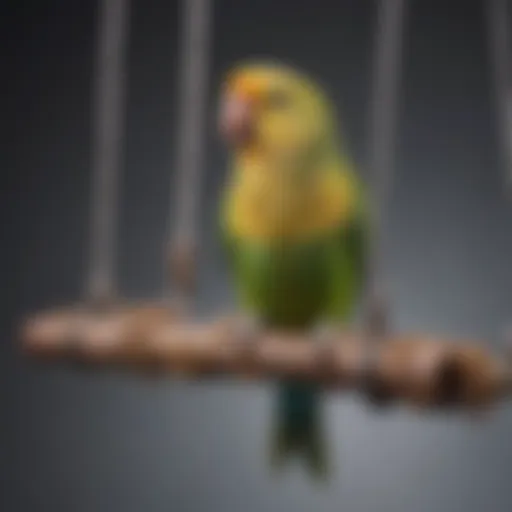 A vibrant parakeet perched on a colorful swing