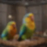 A spacious parakeet cage featuring multiple perches and toys.