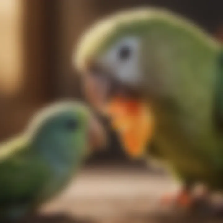 Close-up of a parakeet interacting with a chewable toy made from safe materials.