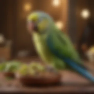 A healthy parakeet enjoying Dr. Harvey's Parakeet Food in its habitat