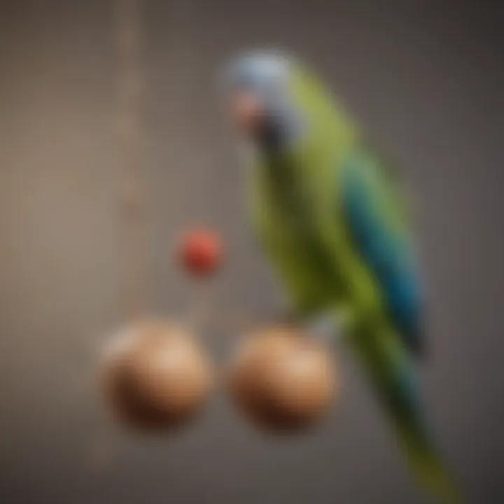 Parakeet engaging with a hanging toy crafted from wood and natural fibers.