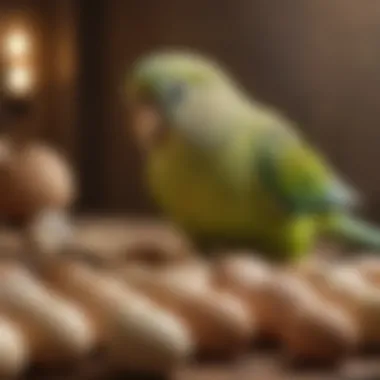 Parakeet Interaction with Dummy Eggs Parakeet engaging with dummy eggs in a breeding environment