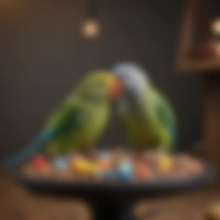 Parakeet standing on a well-structured playstand with toys.