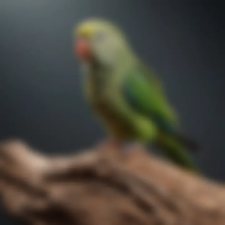 Close-up of a parakeet perched on a textured natural wood perch.