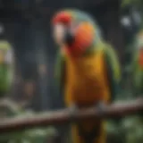 Colorful parrots in a breeding environment