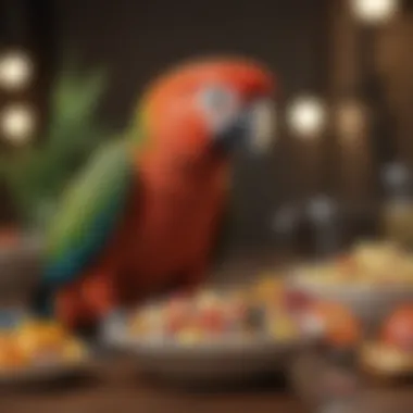 A parrot enjoying a bowl of colorful gourmet food, highlighting their dietary preferences.