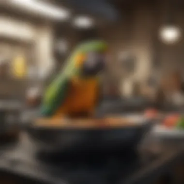 A parrot in a safe cooking environment