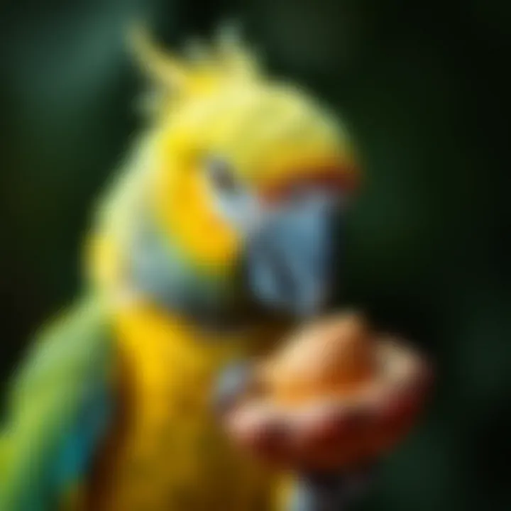 Close-up of a parrot inspecting a nut thoughtfully.