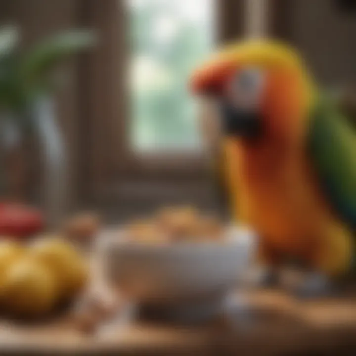 Healthy parrot enjoying a bowl of nutritious food