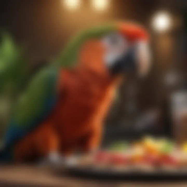 A guidebook on parrot nutrition with images of gourmet food options for informed choices.