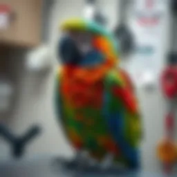 A vibrant parrot perched on a veterinary examination table.