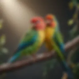 Colorful parakeets perched on a branch showcasing their plumage.