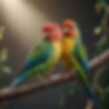 Colorful parakeets perched on a branch showcasing their plumage.