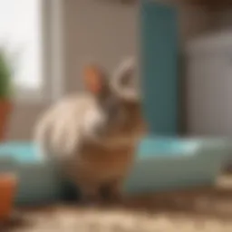 A bunny exploring a litter box filled with pellets.