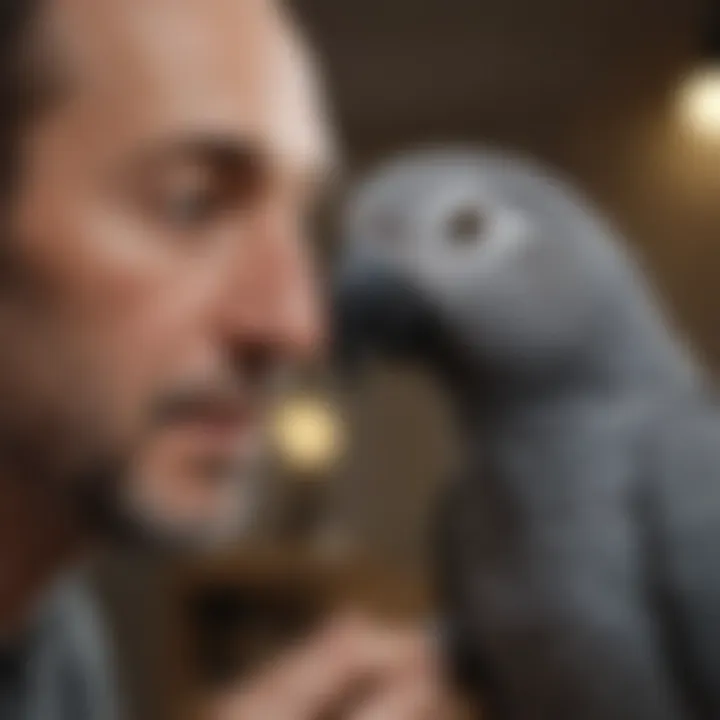 Close-up of an African Grey Parrot interacting with its owner, demonstrating the bond between them.