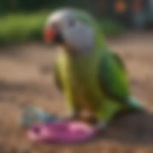 A Quaker parrot wearing a colorful leash during outdoor play