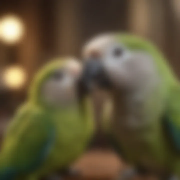 Quaker parrot interacting playfully with its owner