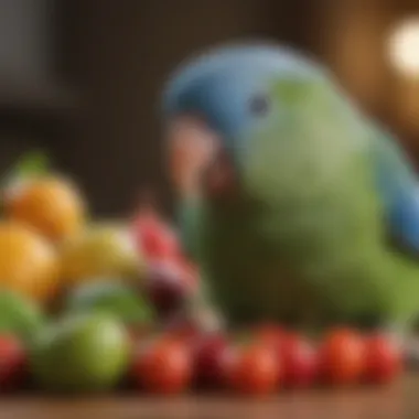 Close-up of a Quaker Parrotlet eating fresh fruits and vegetables.