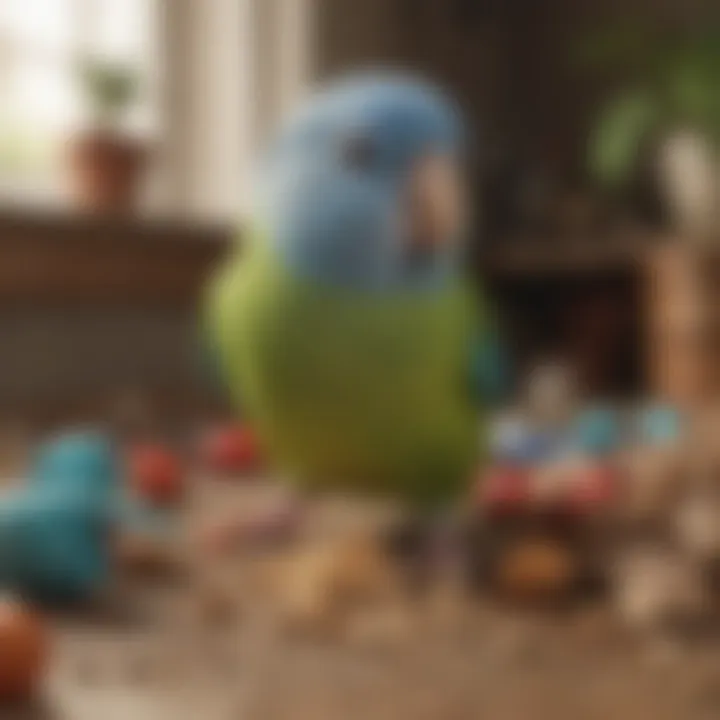 A Quaker Parrotlet engaging in playful behavior with toys.