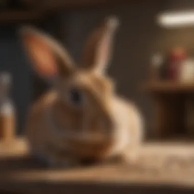 Rabbit curiously investigating a household item