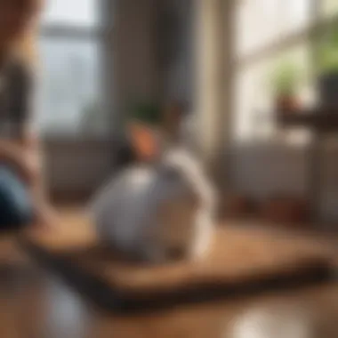 A pet owner observing their rabbit happily using a digging mat.