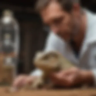 A veterinarian discussing medication dosages with a reptile owner