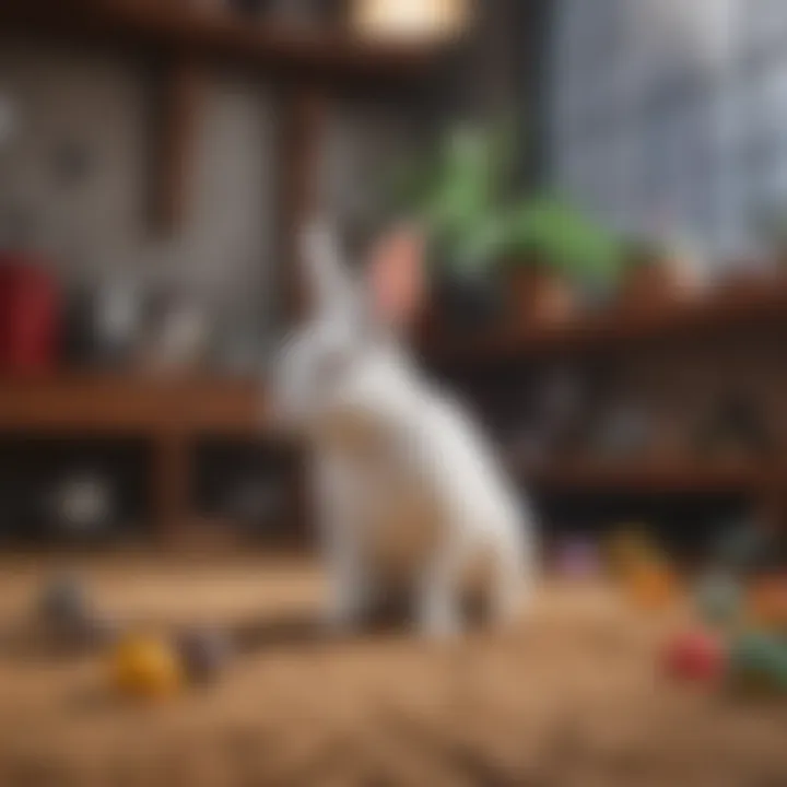 Safe play environment for Mini Rex rabbits with various toys