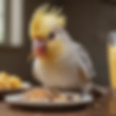 Happy Cockatiel Eating a Balanced Meal A close-up of a healthy cockatiel enjoying its food