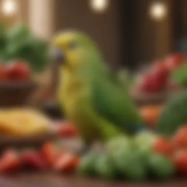 Fresh fruits and vegetables arranged appealingly for parakeets, highlighting their importance.