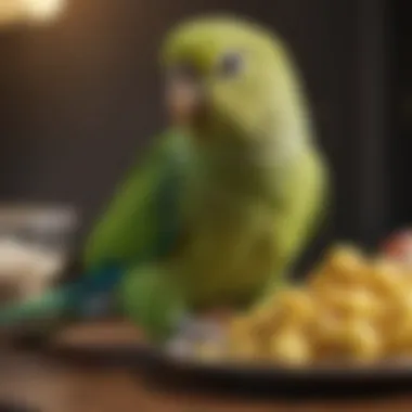 Parakeet Thriving on a Balanced Diet A happy parakeet enjoying its meal, demonstrating the joy of proper nutrition.