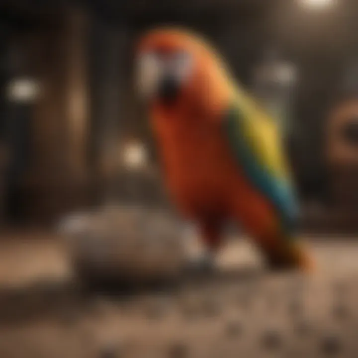 A parrot enjoying a bowl of pellets