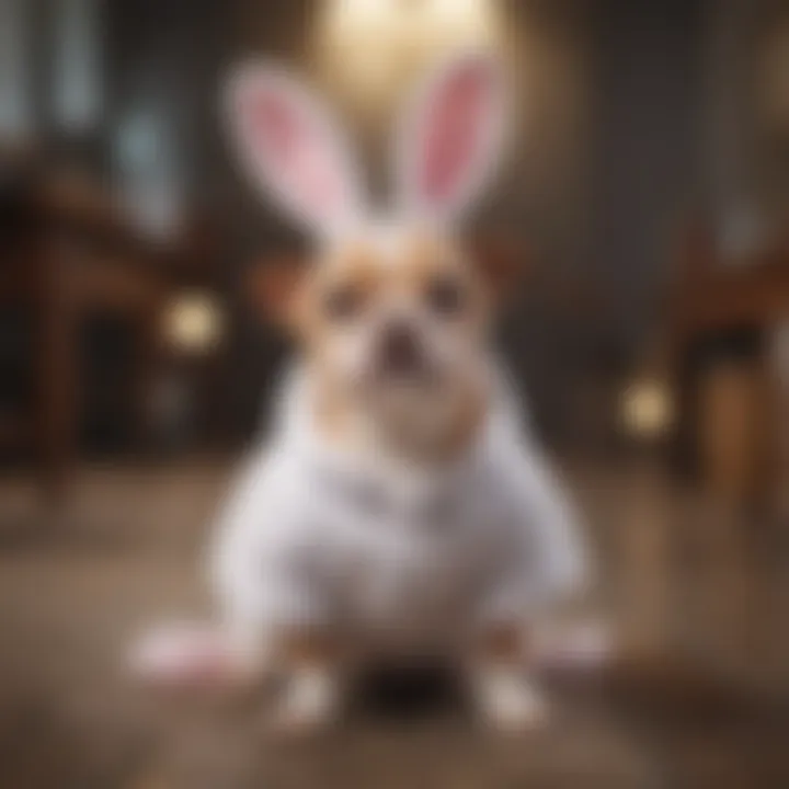 Happy small dog in a bunny costume participating in a pet costume parade