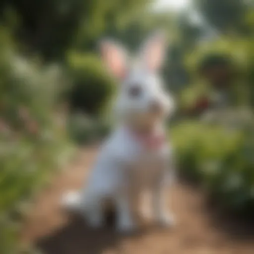 Small dog wearing a stylish bunny costume in a garden setting