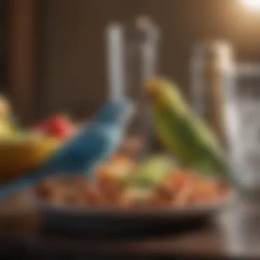 Essential Feeding Accessories Close-up of parakeet-friendly food and water dishes