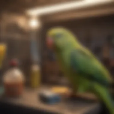 Cage Maintenance Essentials Well-maintained parakeet cage with cleaning supplies