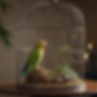 Interior view of a well-designed bird cage with enrichment features for parakeets.