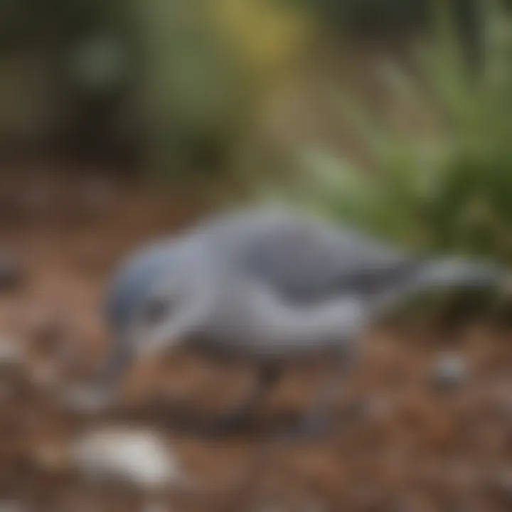 A close-up of a small grayish bird foraging on the ground