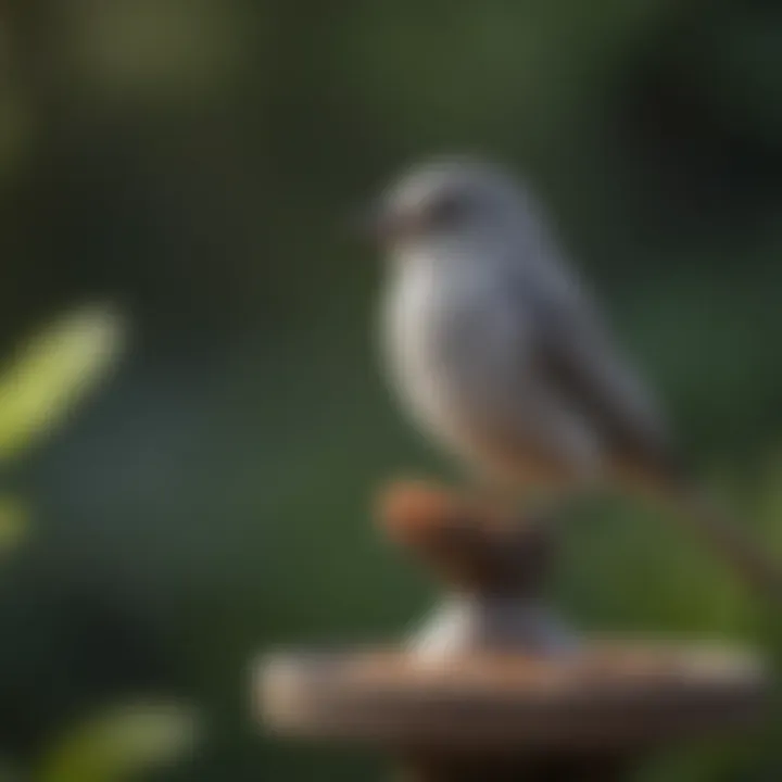 A small grayish bird resting on a garden feeder