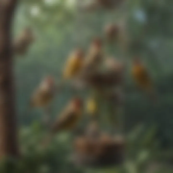A spacious aviary filled with finches enjoying their environment