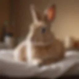 A serene female rabbit resting comfortably post-surgery