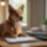 A thoughtful pet owner reviewing veterinary bills at a desk