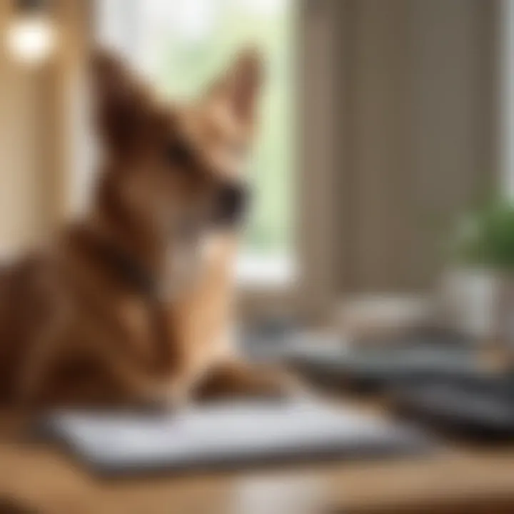 A thoughtful pet owner reviewing veterinary bills at a desk