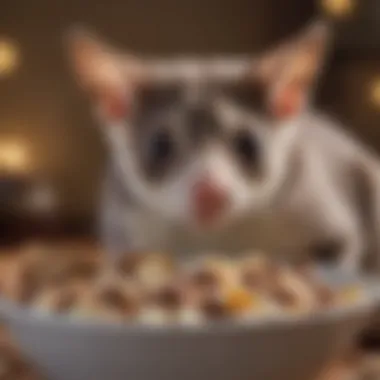 A close-up of a sugar glider enjoying a bowl of specially formulated diet