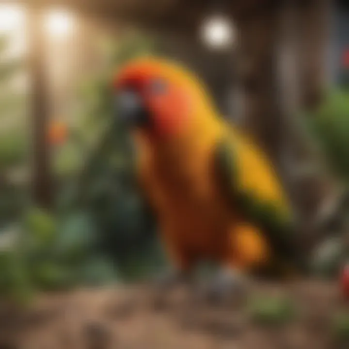 A well-maintained cage setup for Sun Conures emphasizing their habitat needs