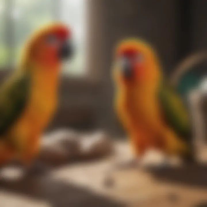 Sun Conure interacting with its owner, highlighting their social nature