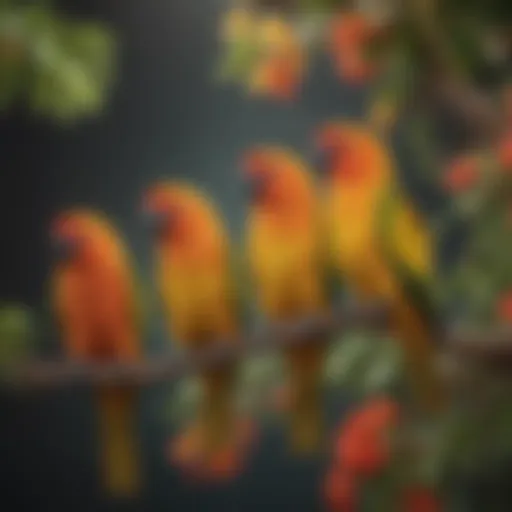 Vibrant Sun Conure perched on a branch showcasing its colorful plumage