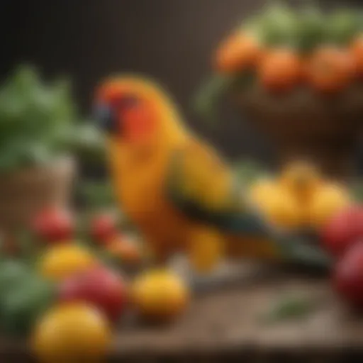 A vibrant sun conure perched on a branch surrounded by fresh fruits and vegetables