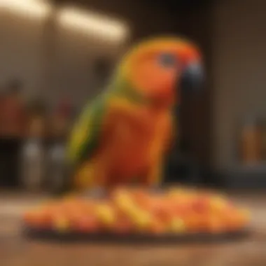 A sun conure enjoying a colorful array of safe snacks